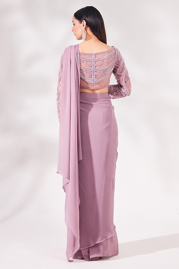 Lavender Net & Georgette Pre-Stitched Wedding Saree Set by Chaashni by Maansi and Ketan at Pernia's Pop Up Shop