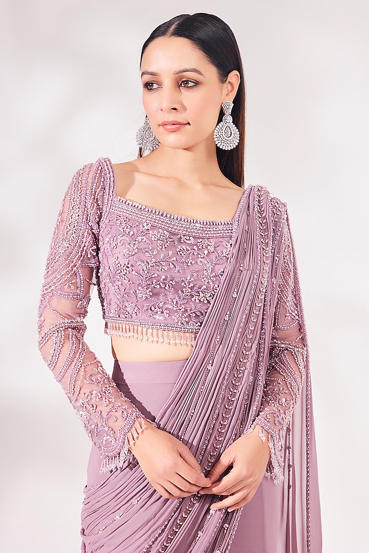 Lavender Net & Georgette Pre-Stitched Wedding Saree Set by Chaashni by Maansi and Ketan at Pernia's Pop Up Shop