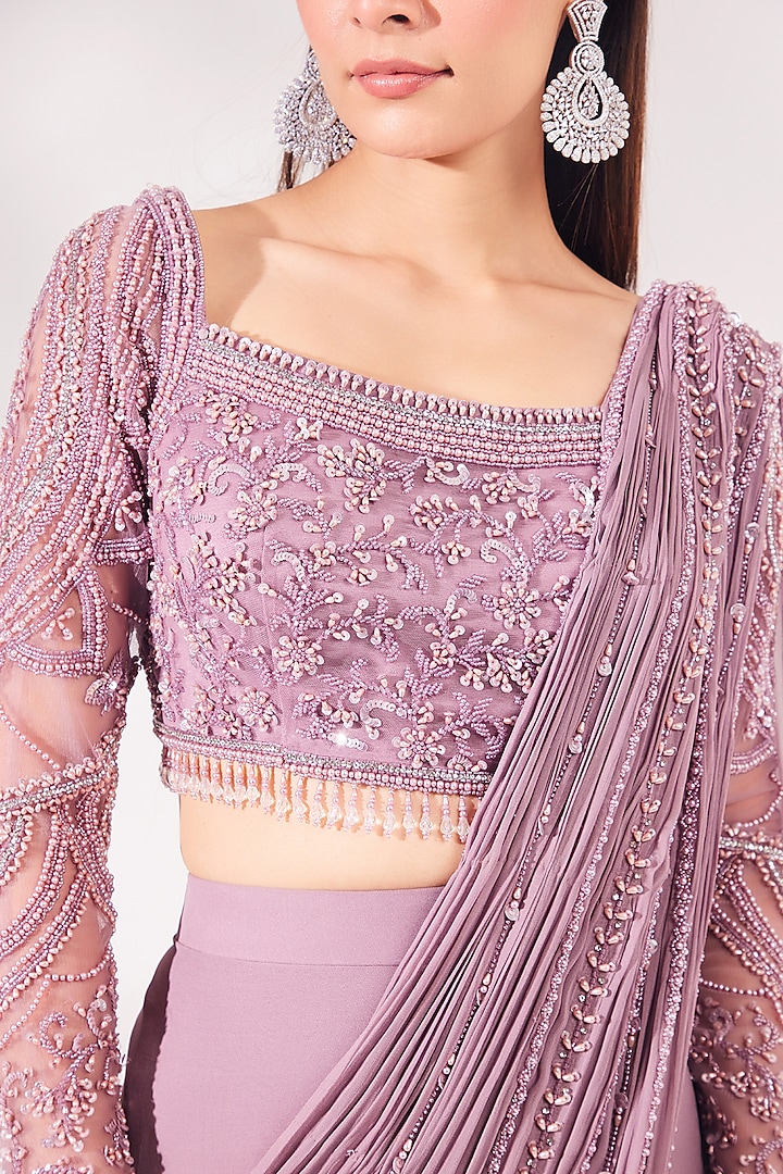 Lavender Net & Georgette Pre-Stitched Wedding Saree Set by Chaashni by Maansi and Ketan at Pernia's Pop Up Shop
