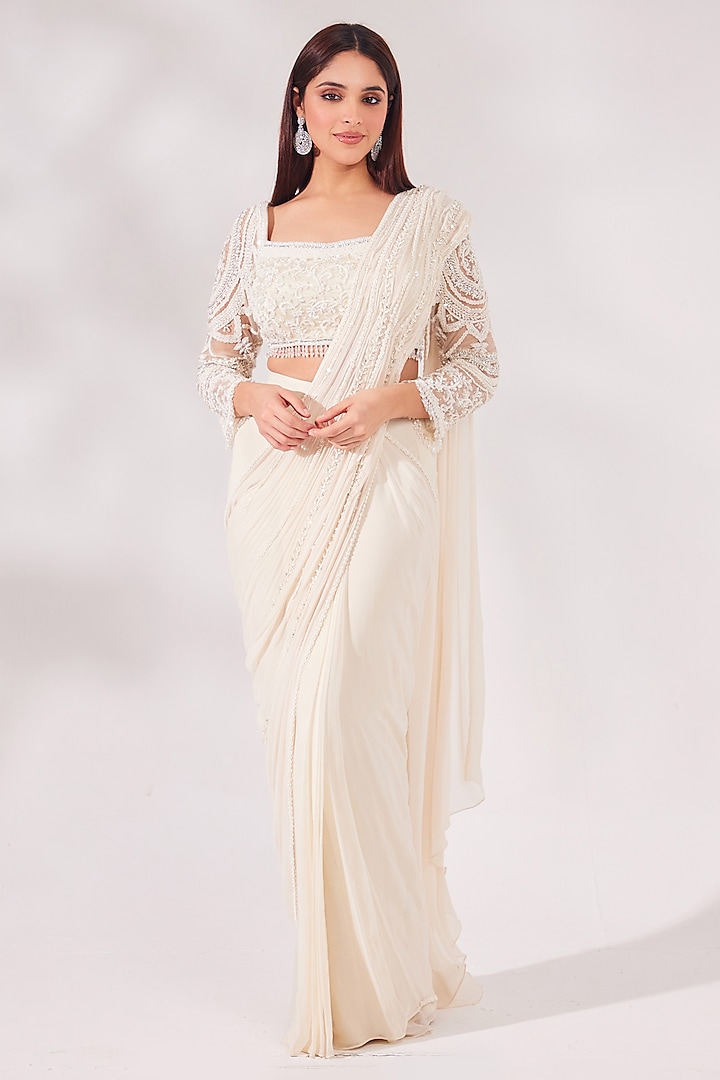 Off-White Net & Georgette Pre-Stitched Saree Set by Chaashni by Maansi and Ketan at Pernia's Pop Up Shop