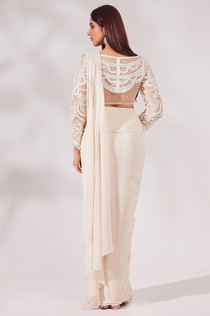 Off-White Net & Georgette Pre-Stitched Wedding Saree Set by Chaashni by Maansi and Ketan at Pernia's Pop Up Shop