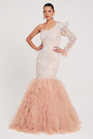 Nude Net & Fur Swarovski Embellished Gown by Chaashni by Maansi and Ketan