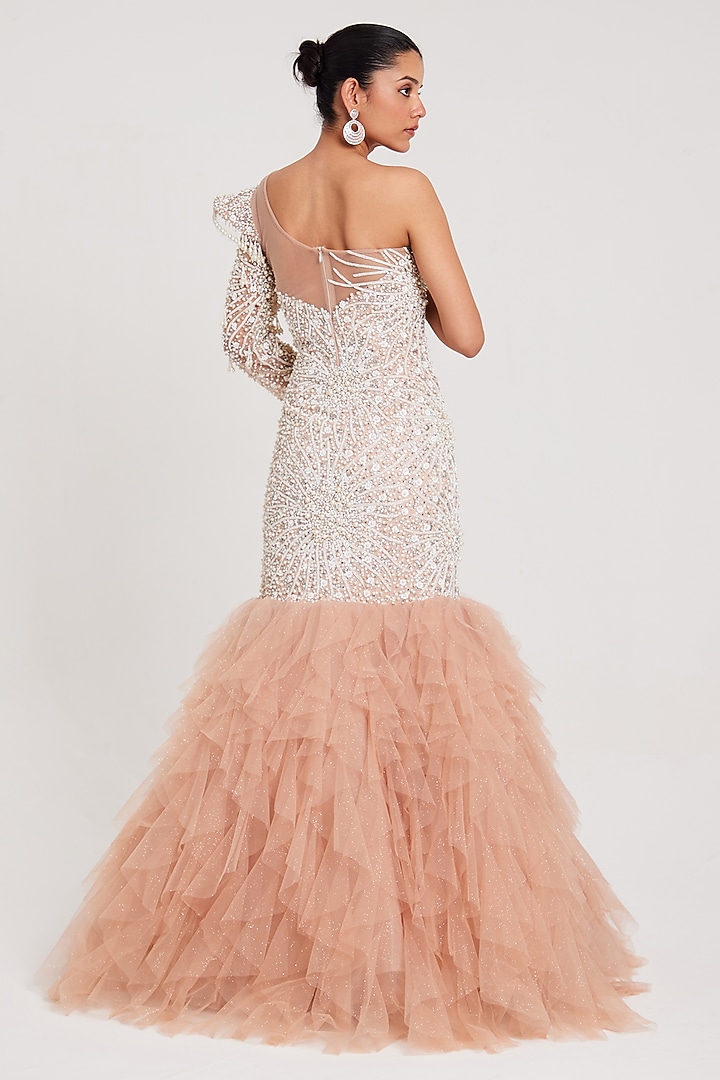 Nude Net & Fur Swarovski Embellished Engagement Gown by Chaashni by Maansi and Ketan at Pernia's Pop Up Shop
