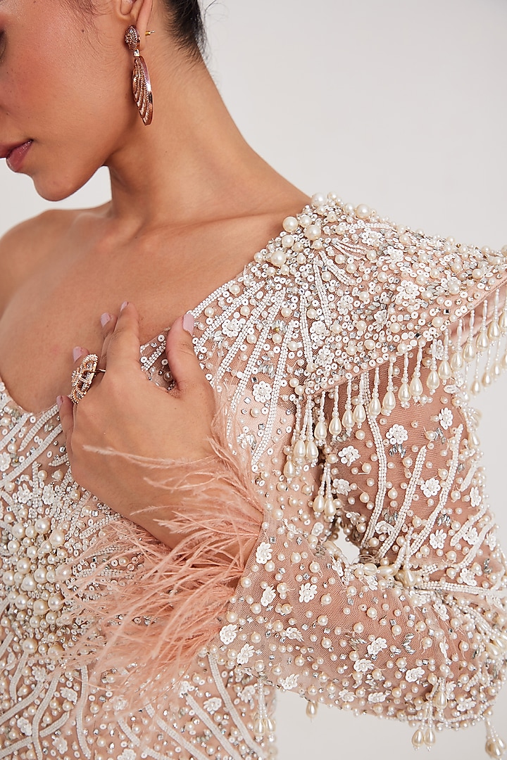 Nude Net & Fur Swarovski Embellished Engagement Gown by Chaashni by Maansi and Ketan at Pernia's Pop Up Shop