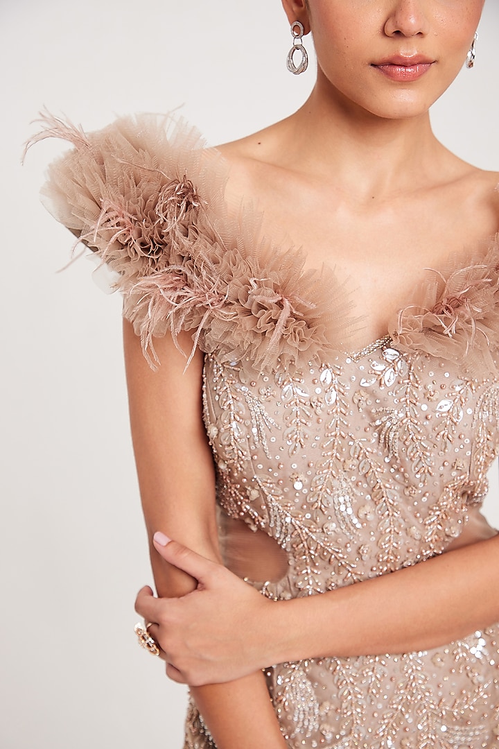 Nude Tissue Organza Pearl Embellished Engagement Gown by Chaashni by Maansi and Ketan at Pernia's Pop Up Shop