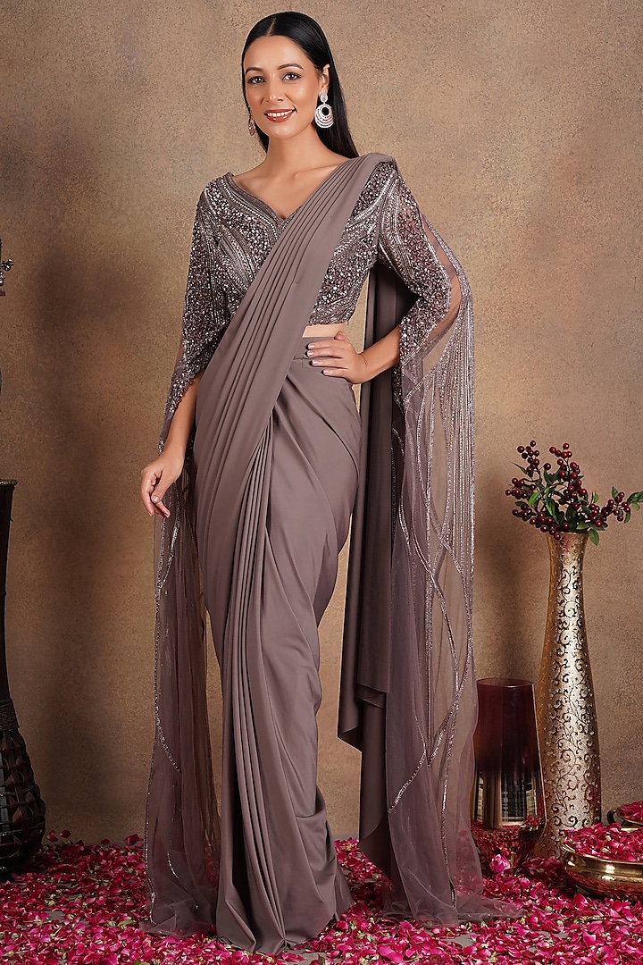 Mouse Brown Embellished Draped Saree Set by Chaashni by Maansi and Ketan