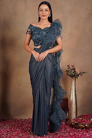 Turquoise Net Pre-Stitched Saree Set by Chaashni by Maansi and Ketan