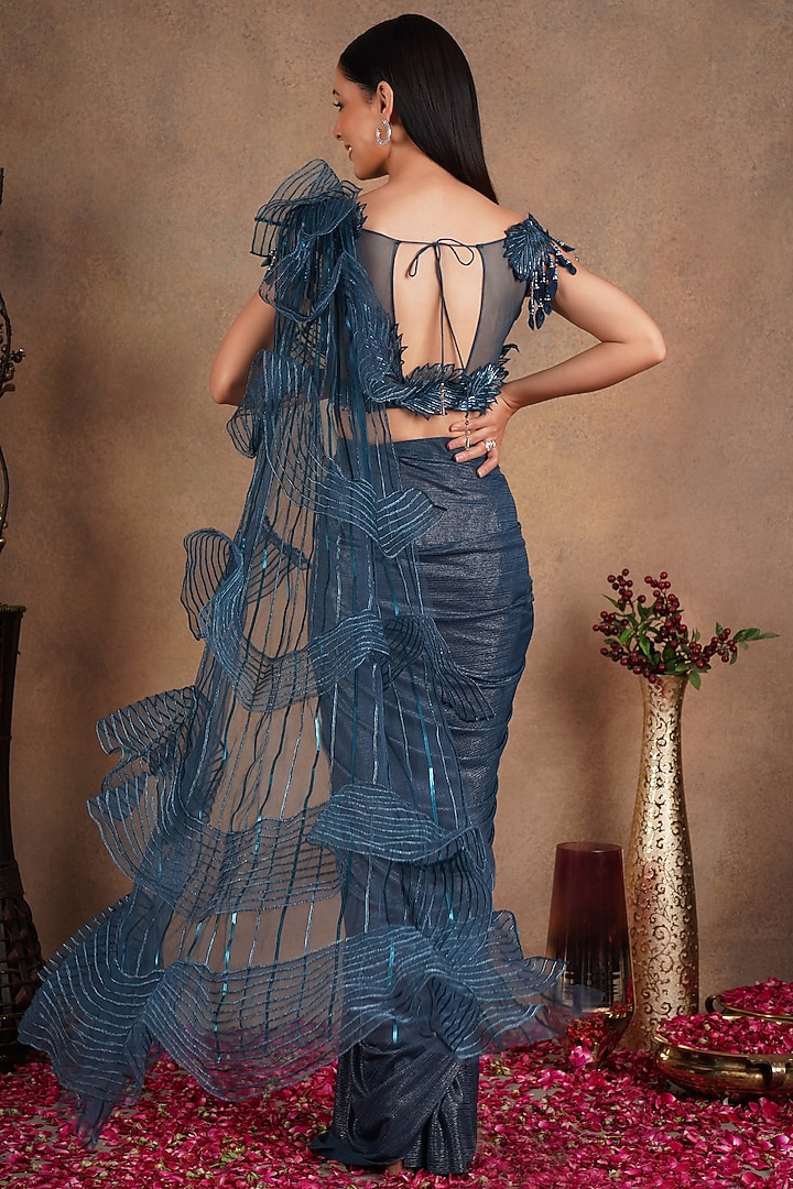 Turquoise Net Pre-Stitched Wedding Saree Set by Chaashni by Maansi and Ketan at Pernia's Pop Up Shop