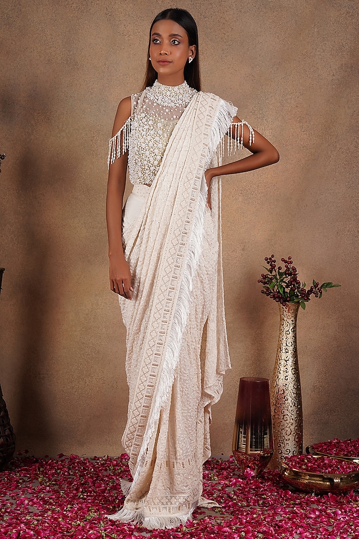 Off White Embellished Draped Saree Set by Chaashni by Maansi and Ketan