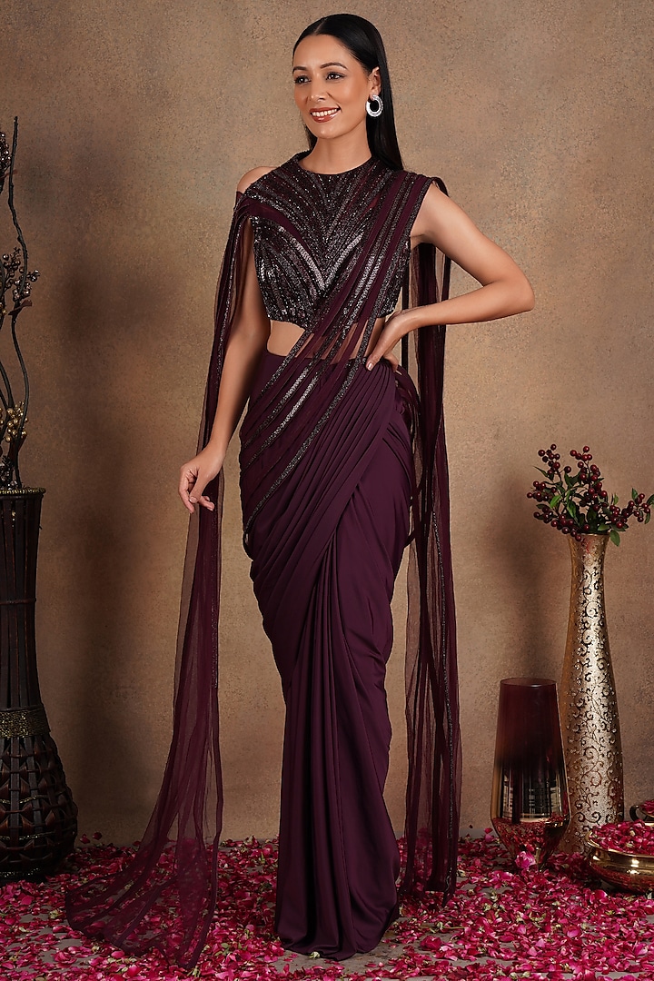 Deep Maroon Net Pre-Stitched Saree Set by Chaashni by Maansi and Ketan