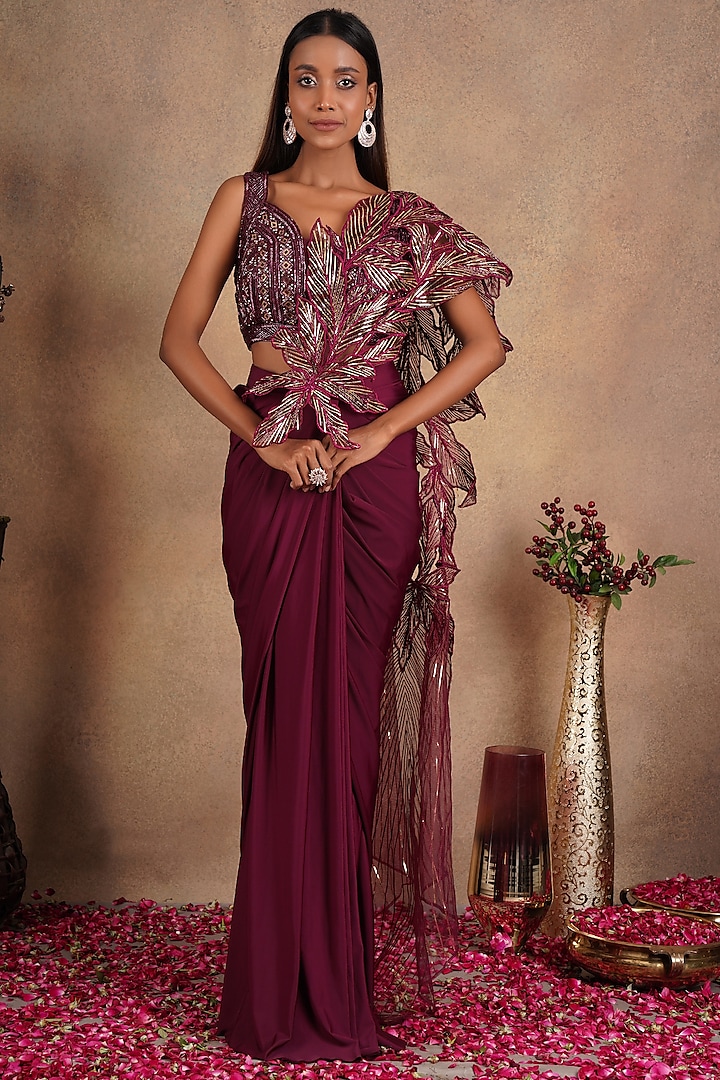 Maroon Embellished Draped Saree Set by Chaashni by Maansi and Ketan