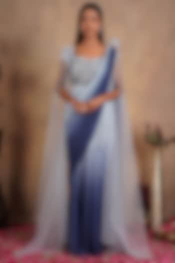 Blue Georgette Pre-Stitched Saree Set by Chaashni by Maansi and Ketan at Pernia's Pop Up Shop