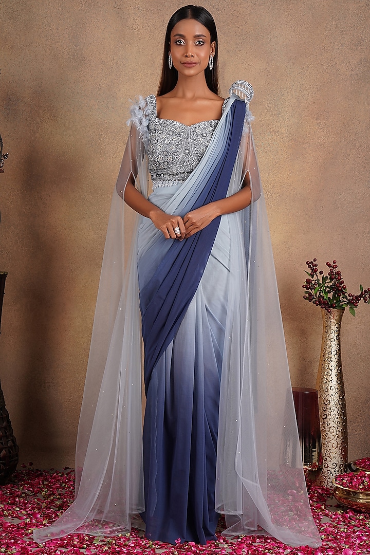 Blue Georgette Pre-Stitched Saree Set by Chaashni by Maansi and Ketan at Pernia's Pop Up Shop