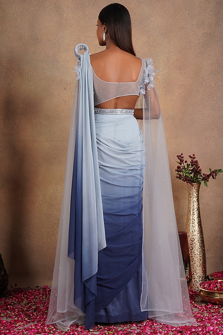 Blue Georgette Pre-Stitched Wedding Saree Set by Chaashni by Maansi and Ketan at Pernia's Pop Up Shop