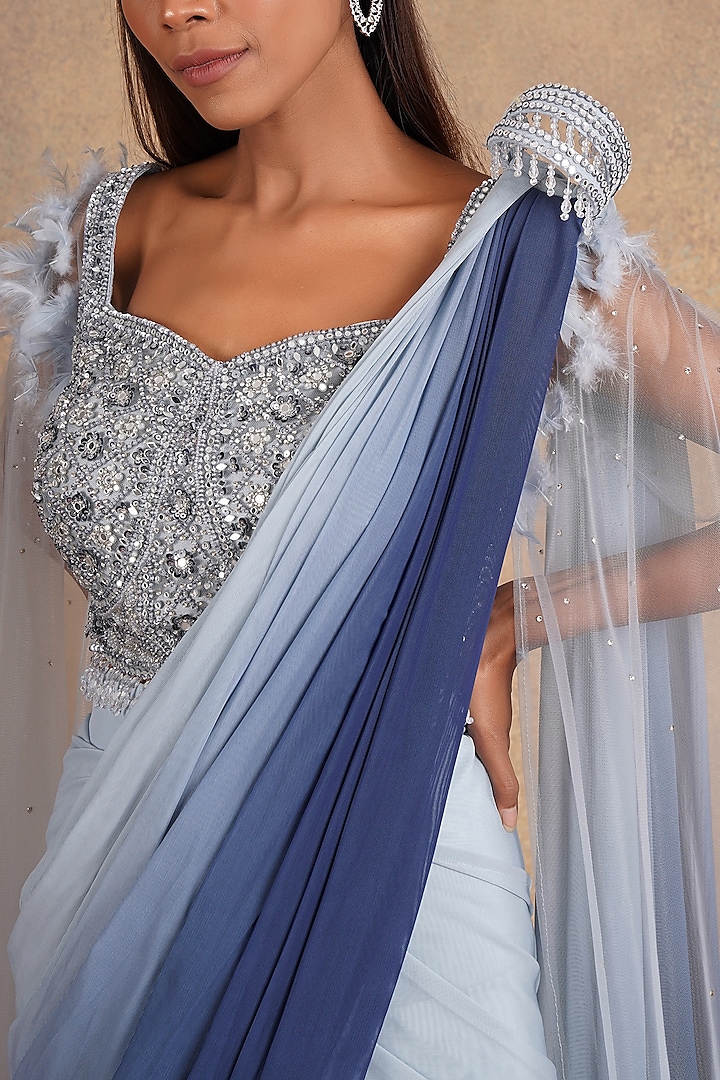 Blue Georgette Pre-Stitched Wedding Saree Set by Chaashni by Maansi and Ketan at Pernia's Pop Up Shop