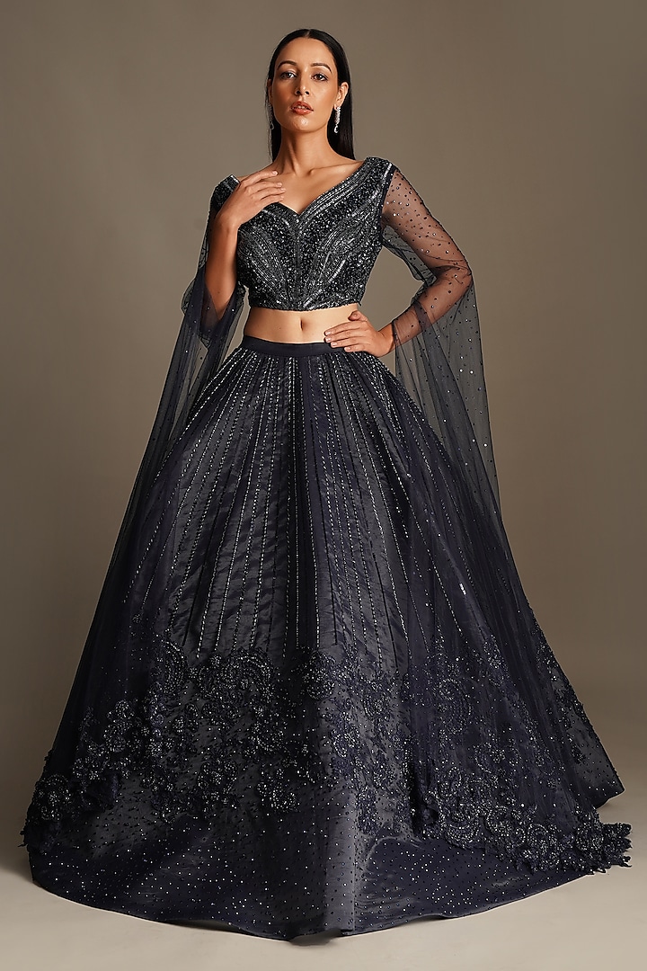 Navy Blue Embroidered Lehenga Set by Chaashni by Maansi and Ketan