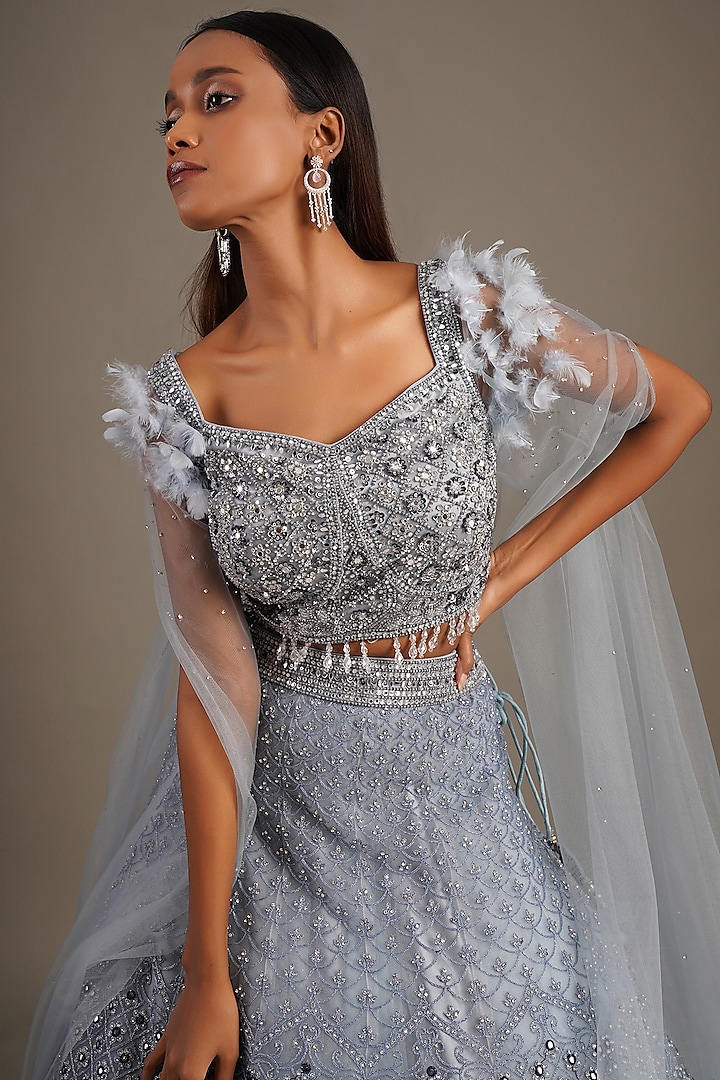 Blue Embroidered Wedding Lehenga Set by Chaashni by Maansi and Ketan at Pernia's Pop Up Shop