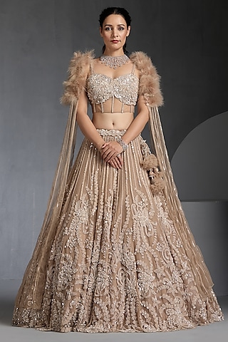 Nude Shimmer Net Sequins Embellished Lehenga Set by chaashni by maansi and ketan-MORE FROM Chaashni by Maansi and Ketan