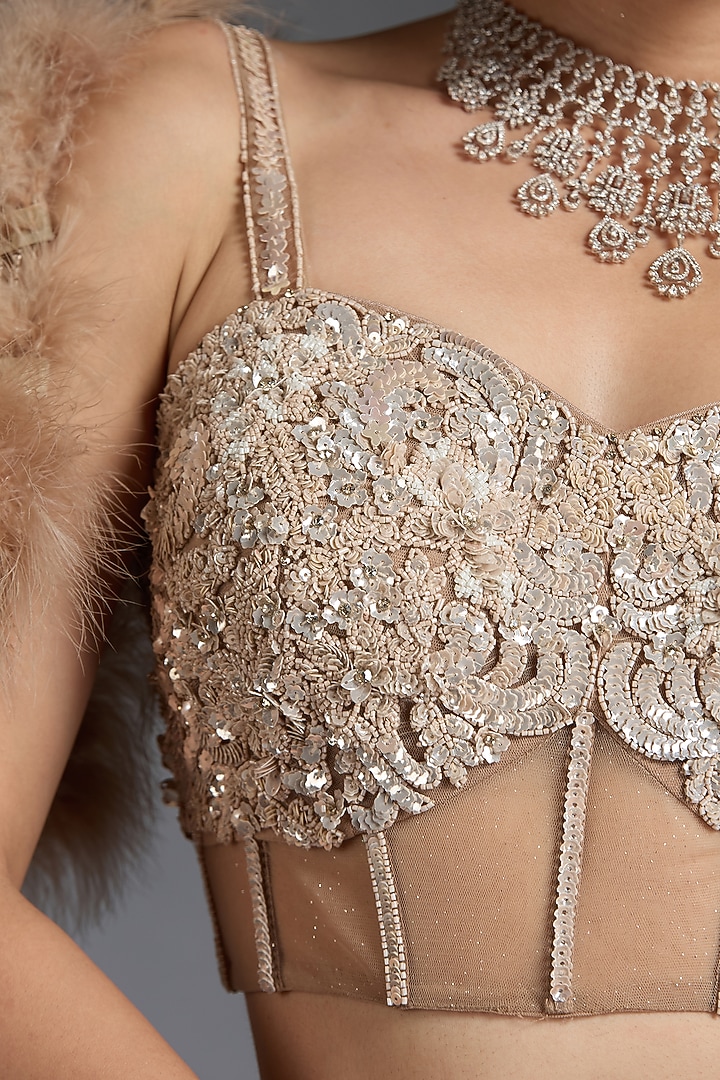 Nude Shimmer Net Sequins Embellished Bridal Lehenga Set by Chaashni by Maansi and Ketan at Pernia's Pop Up Shop