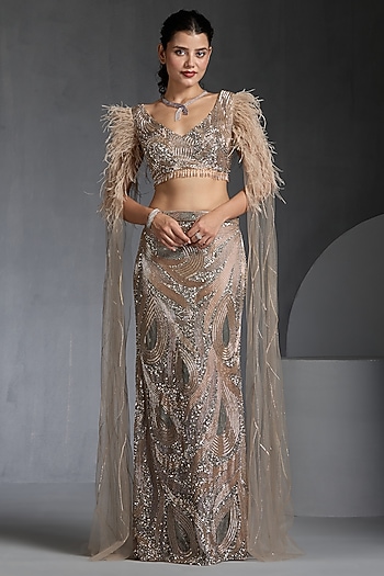 Nude Net Sequins Embellished Wedding Lehenga Set by Chaashni by Maansi and Ketan at Pernia's Pop Up Shop