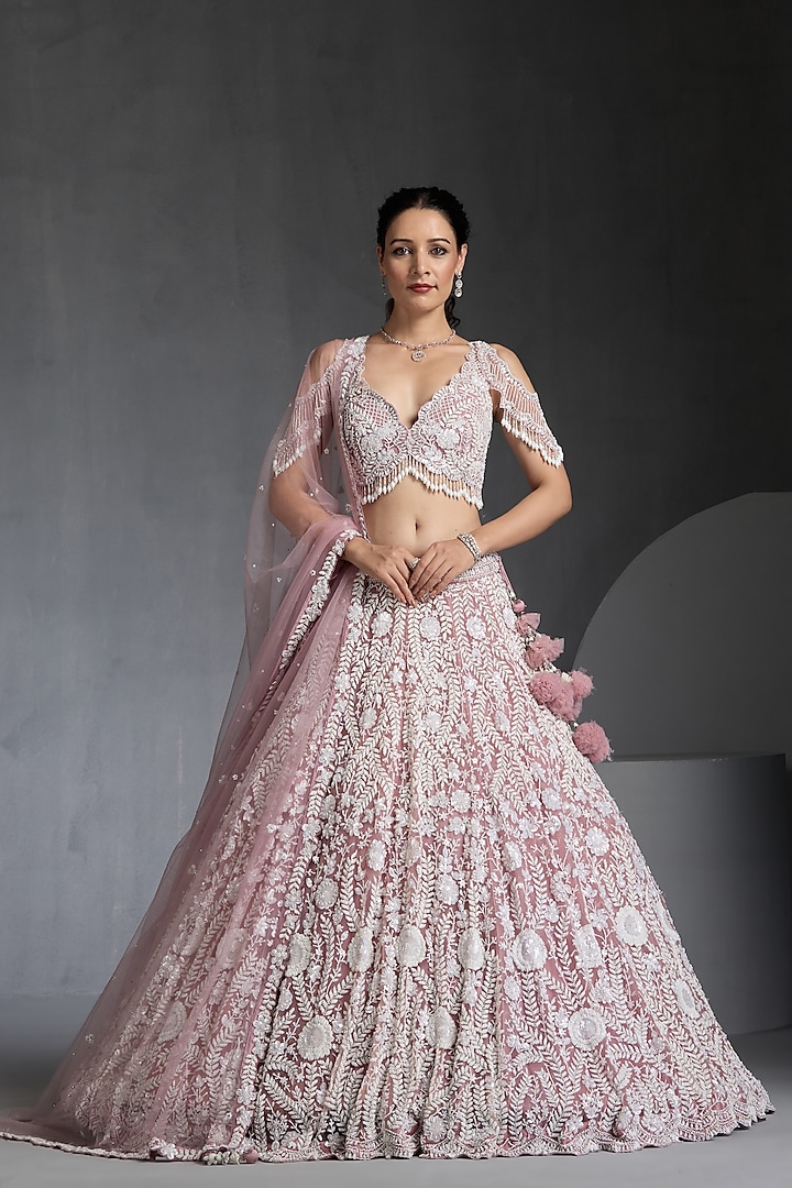 Lavender Net Pearl Embellished Bridal Lehenga Set by Chaashni by Maansi and Ketan at Pernia's Pop Up Shop