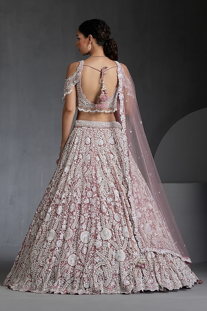 Lavender Net Pearl Embellished Bridal Lehenga Set by Chaashni by Maansi and Ketan at Pernia's Pop Up Shop