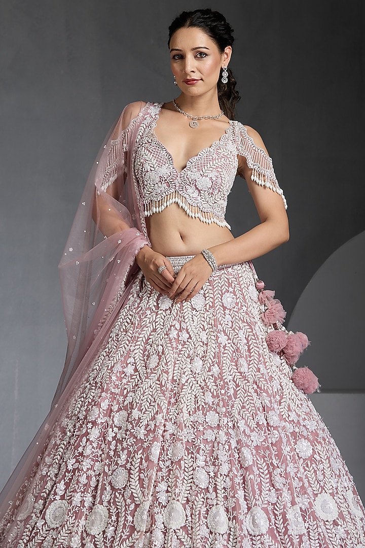 Lavender Net Pearl Embellished Bridal Lehenga Set by Chaashni by Maansi and Ketan at Pernia's Pop Up Shop