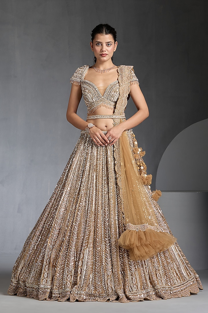 Gold Net Sequins & Pearl Embellished Bridal Lehenga Set by Chaashni by Maansi and Ketan at Pernia's Pop Up Shop