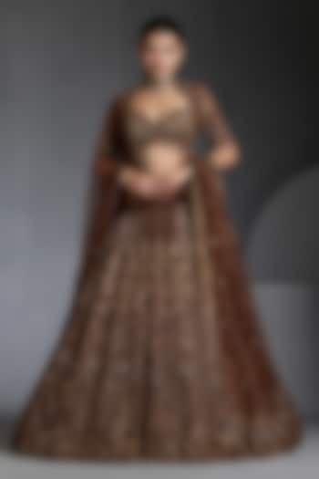 Antique Brown Net Sequins & Zari Embellished Bridal Lehenga Set by Chaashni by Maansi and Ketan at Pernia's Pop Up Shop