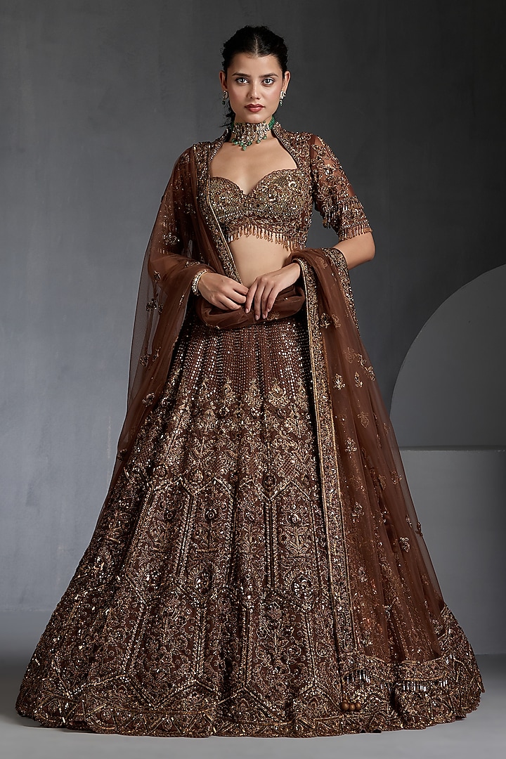 Antique Brown Net Sequins & Zari Embellished Bridal Lehenga Set by Chaashni by Maansi and Ketan at Pernia's Pop Up Shop