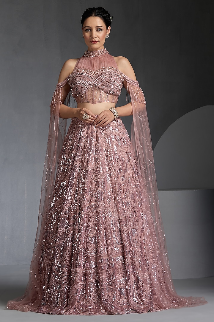 Pink Net Sequins & Swarovski Embellished Wedding Lehenga Set by Chaashni by Maansi and Ketan at Pernia's Pop Up Shop