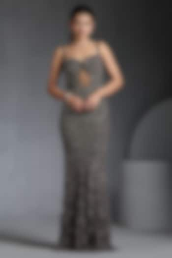 Grey Net & Lycra Sequins Embellished Gown by Chaashni by Maansi and Ketan at Pernia's Pop Up Shop