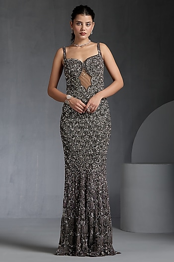 Grey Net & Lycra Sequins Embellished Wedding Gown by Chaashni by Maansi and Ketan at Pernia's Pop Up Shop