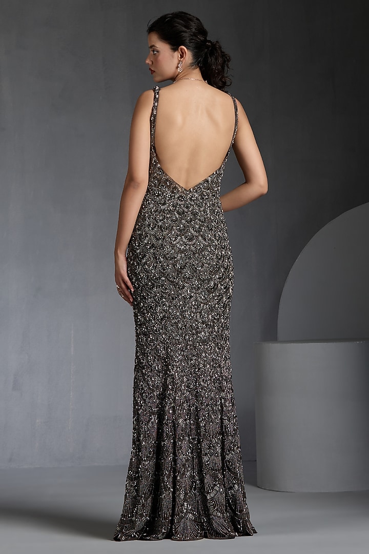 Grey Net & Lycra Sequins Embellished Wedding Gown by Chaashni by Maansi and Ketan at Pernia's Pop Up Shop