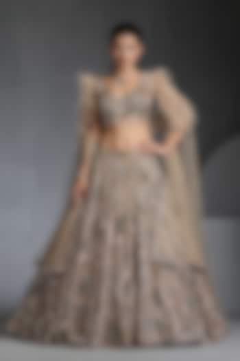 Nude Net Sequins & Feather Embellished Bridal Lehenga Set by Chaashni by Maansi and Ketan at Pernia's Pop Up Shop