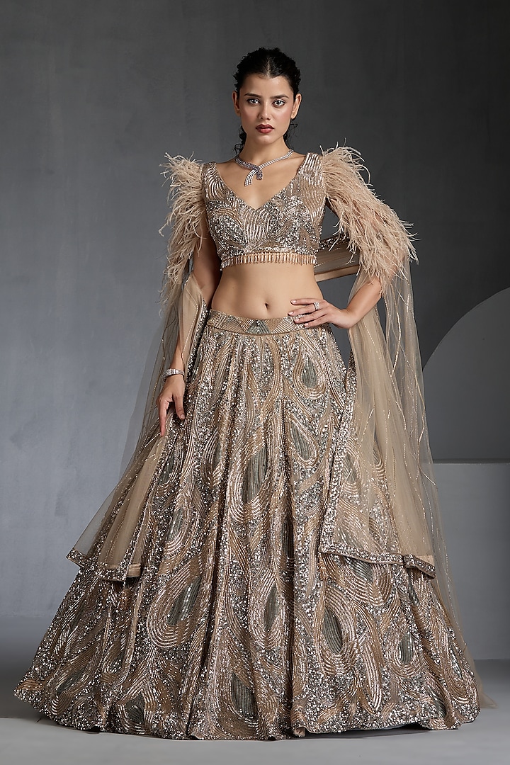 Nude Net Sequins & Feather Embellished Bridal Lehenga Set by Chaashni by Maansi and Ketan at Pernia's Pop Up Shop