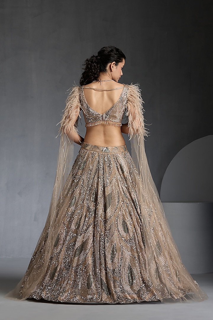 Nude Net Sequins & Feather Embellished Bridal Lehenga Set by Chaashni by Maansi and Ketan at Pernia's Pop Up Shop