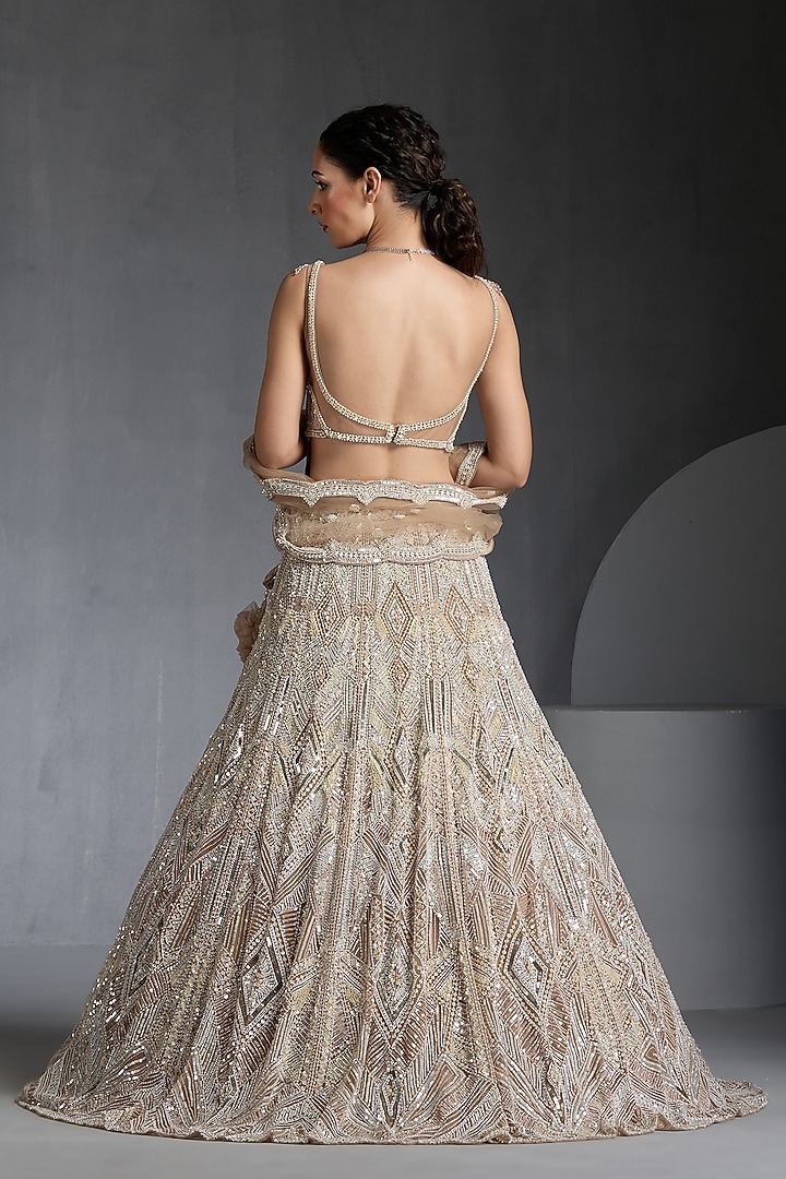 Nude Net Sequins & Beads Embellished Bridal Lehenga Set by Chaashni by Maansi and Ketan at Pernia's Pop Up Shop