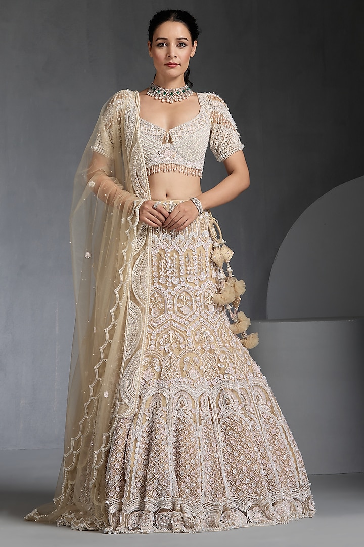 Ivory Net Sequins & Cutdana Embellished Bridal Lehenga Set by Chaashni by Maansi and Ketan at Pernia's Pop Up Shop