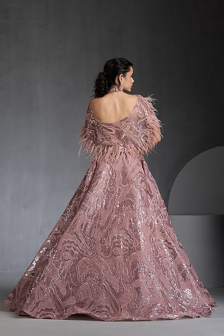 Pink Net Sequins & Feather Embellished Cape Wedding Gown by Chaashni by Maansi and Ketan at Pernia's Pop Up Shop