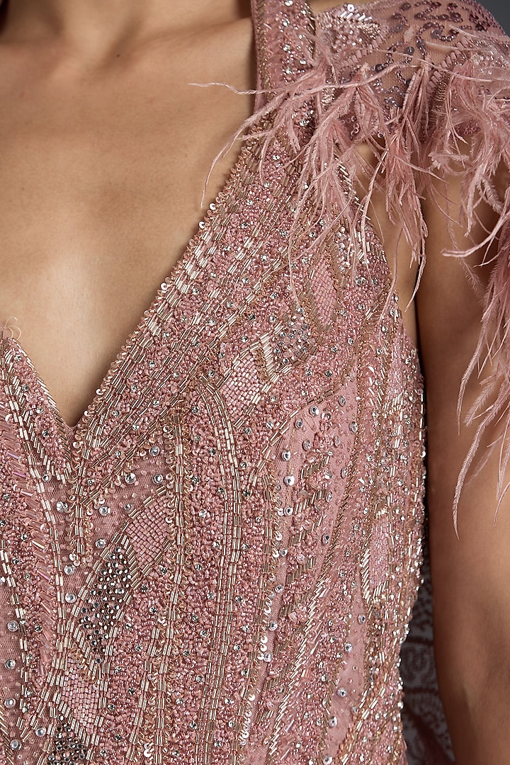 Pink Net Sequins & Feather Embellished Cape Wedding Gown by Chaashni by Maansi and Ketan at Pernia's Pop Up Shop