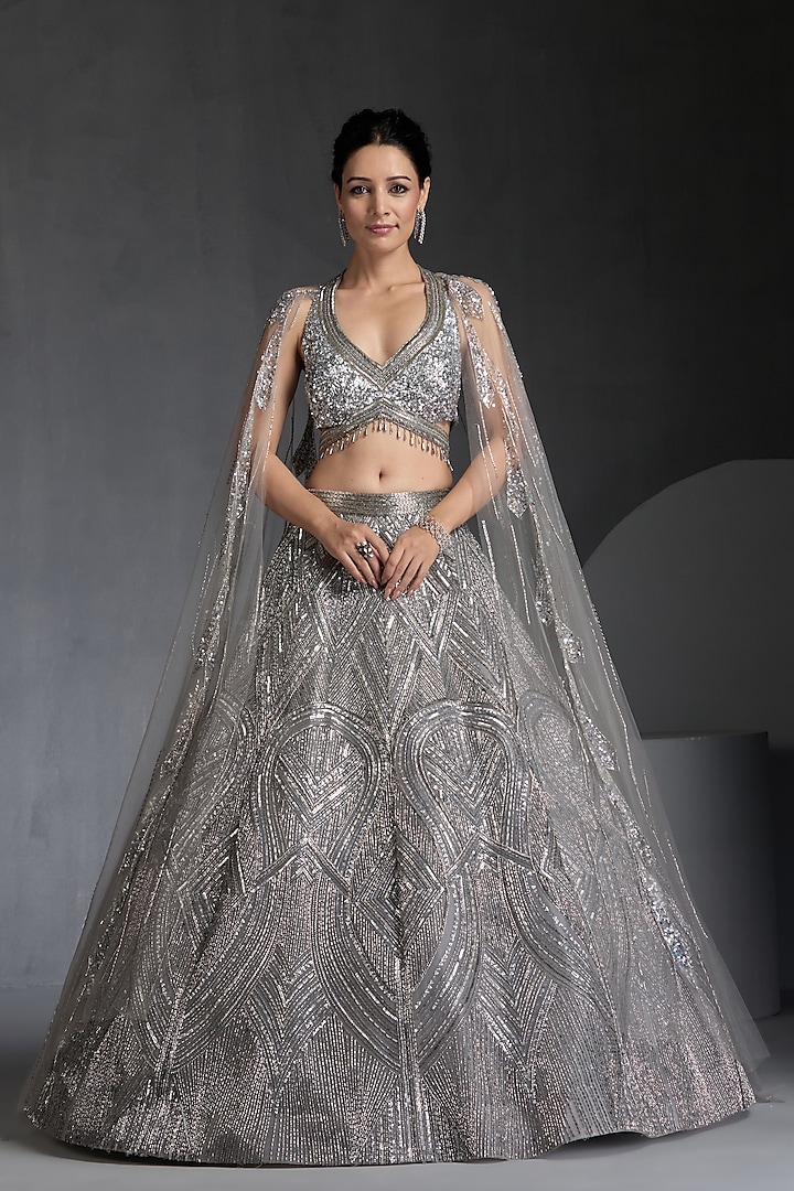 Grey Net Sequins & Beads Embellished Bridal Lehenga Set by Chaashni by Maansi and Ketan at Pernia's Pop Up Shop