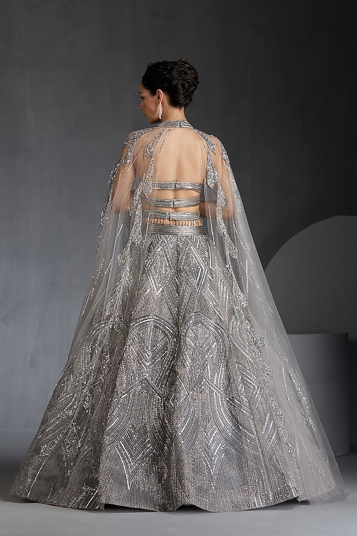Grey Net Sequins & Beads Embellished Bridal Lehenga Set by Chaashni by Maansi and Ketan at Pernia's Pop Up Shop