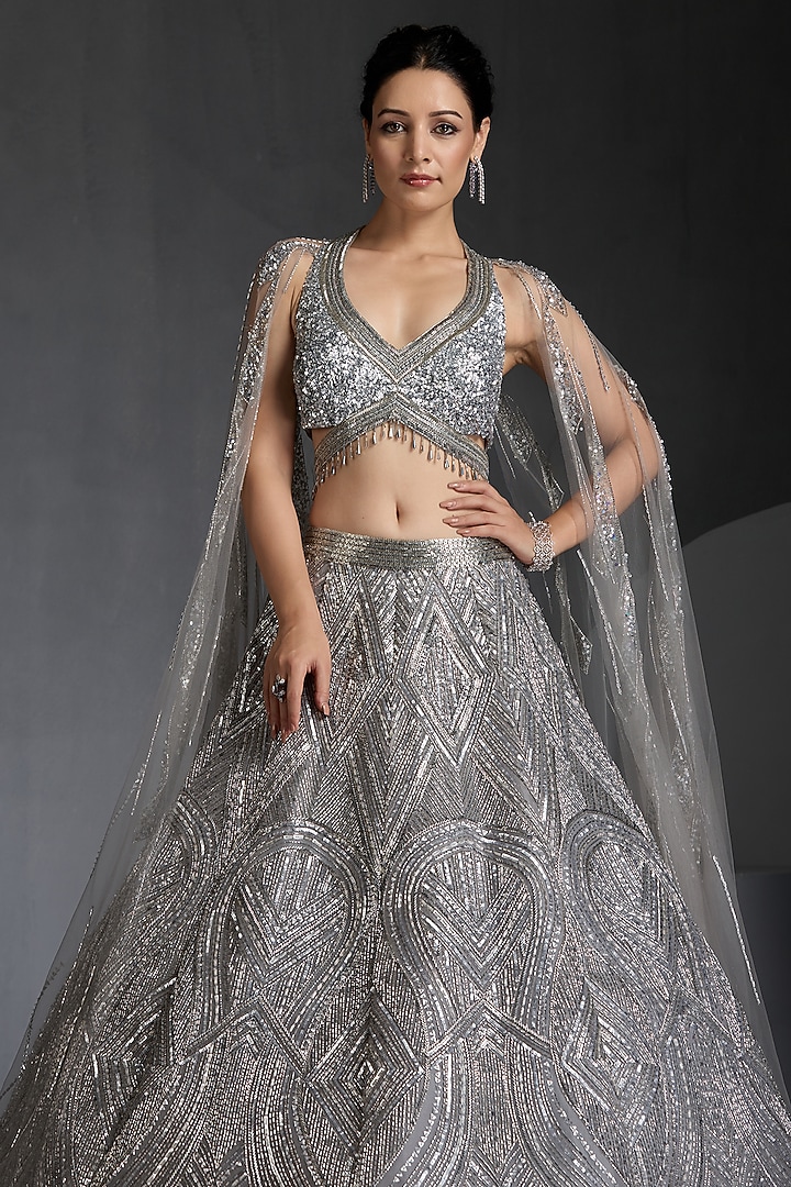 Grey Net Sequins & Beads Embellished Bridal Lehenga Set by Chaashni by Maansi and Ketan at Pernia's Pop Up Shop