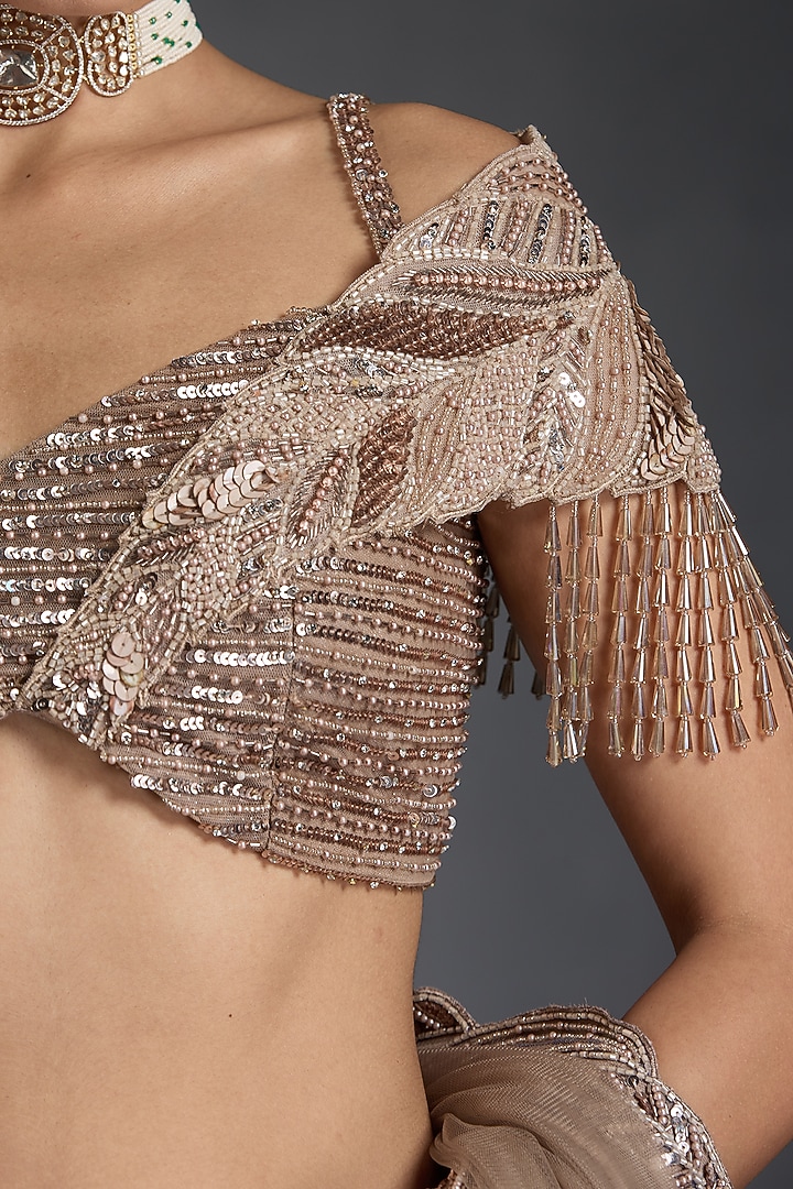 Champagne Net Sequins & Zirconss Embellished Bridal Lehenga Set by Chaashni by Maansi and Ketan at Pernia's Pop Up Shop