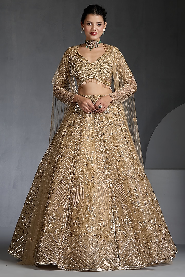 Gold Net Sequins & Beads Embellished Bridal Lehenga Set by Chaashni by Maansi and Ketan at Pernia's Pop Up Shop