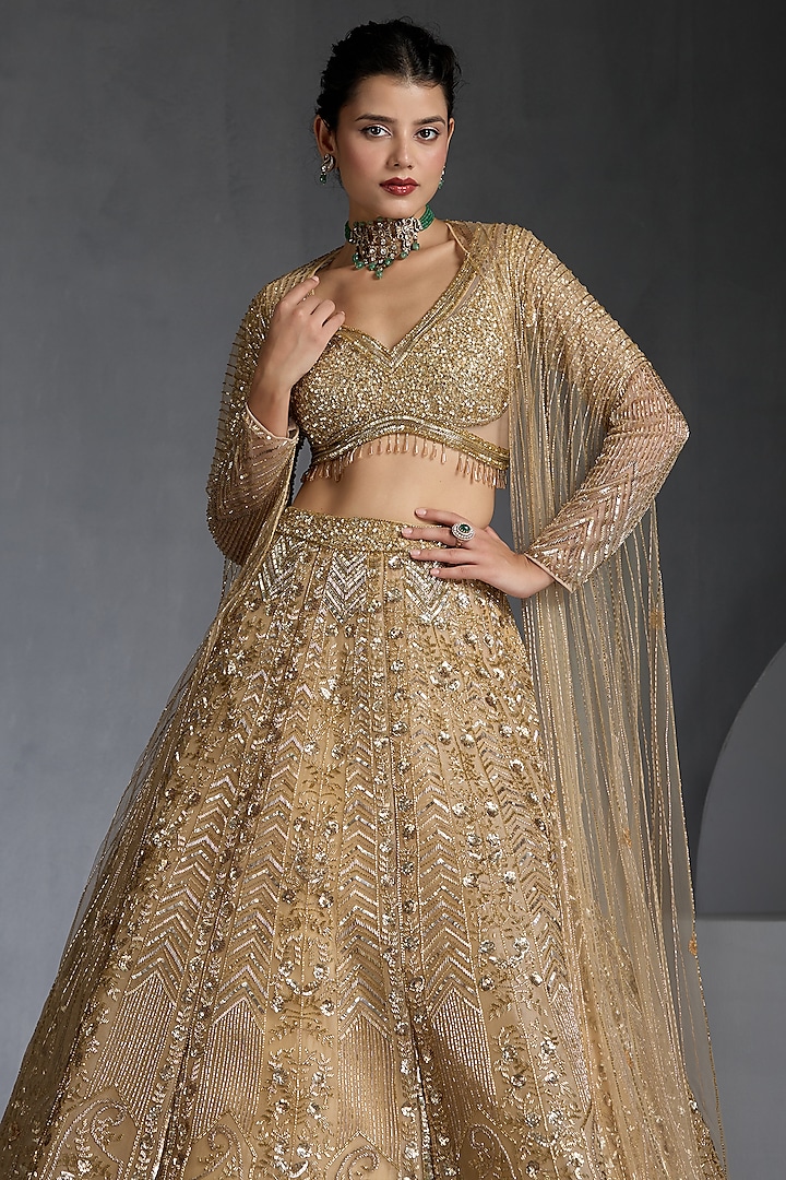 Gold Net Sequins & Beads Embellished Bridal Lehenga Set by Chaashni by Maansi and Ketan at Pernia's Pop Up Shop