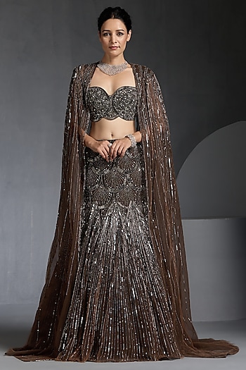 Brown Net Sequins & Beads Embellished Bridal Lehenga Set by Chaashni by Maansi and Ketan at Pernia's Pop Up Shop