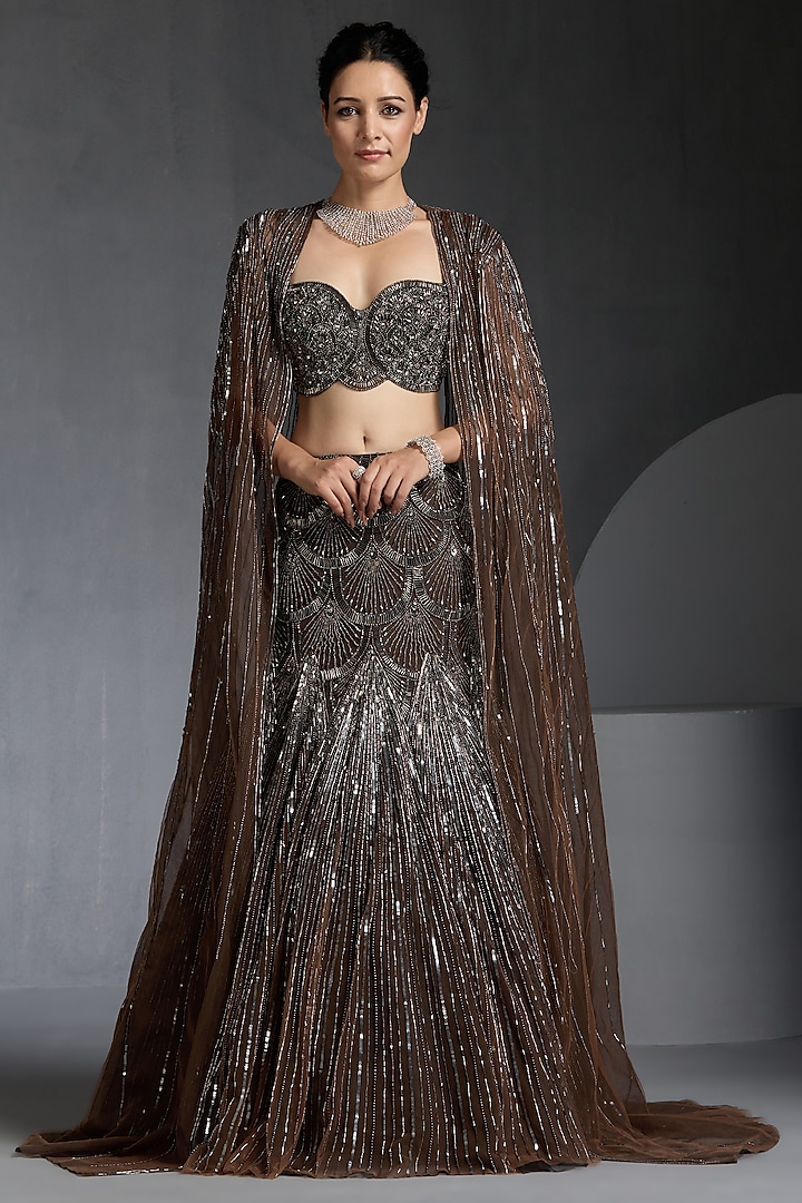 Brown Net Sequins & Beads Embellished Wedding Lehenga Set by Chaashni by Maansi and Ketan at Pernia's Pop Up Shop