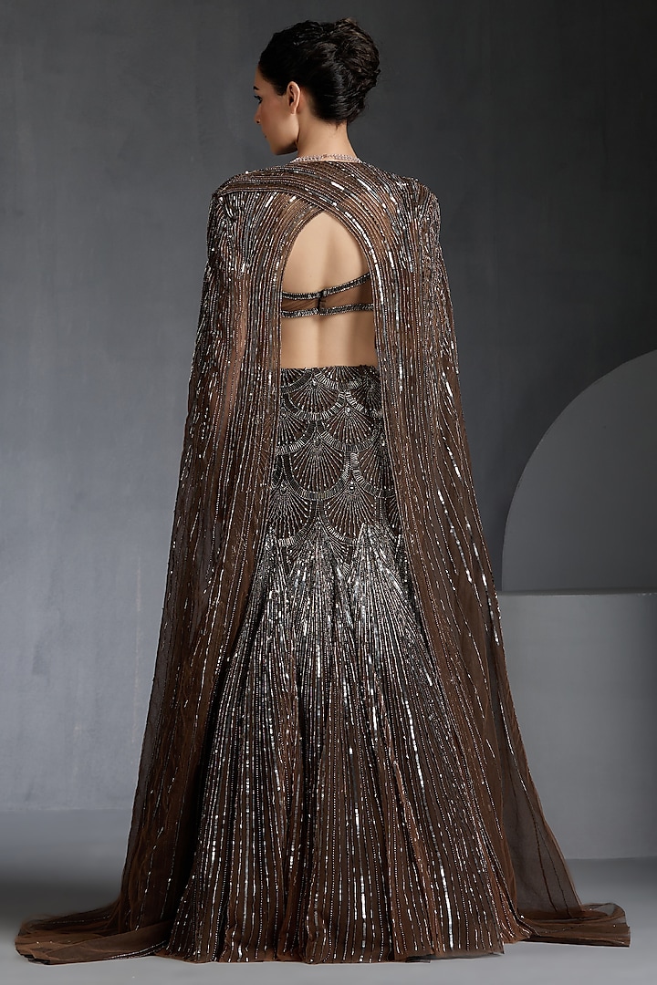 Brown Net Sequins & Beads Embellished Bridal Lehenga Set by Chaashni by Maansi and Ketan at Pernia's Pop Up Shop